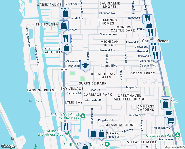 map of restaurants, bars, coffee shops, grocery stores, and more near 420 Laurel Street in Satellite Beach