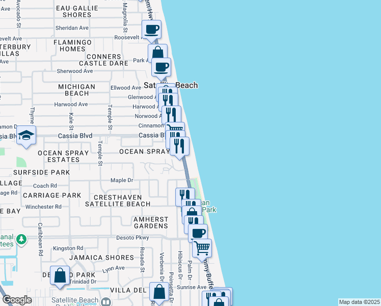 map of restaurants, bars, coffee shops, grocery stores, and more near 1425 Florida A1A in Satellite Beach