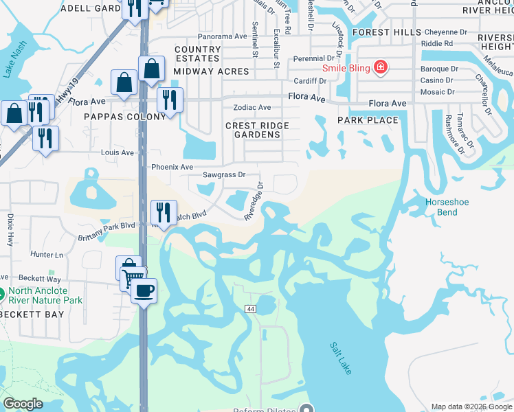 map of restaurants, bars, coffee shops, grocery stores, and more near 1868 Riveredge Drive in Tarpon Springs