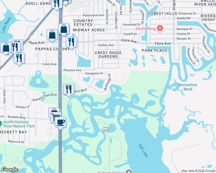 map of restaurants, bars, coffee shops, grocery stores, and more near 1857 Riveredge Drive in Tarpon Springs