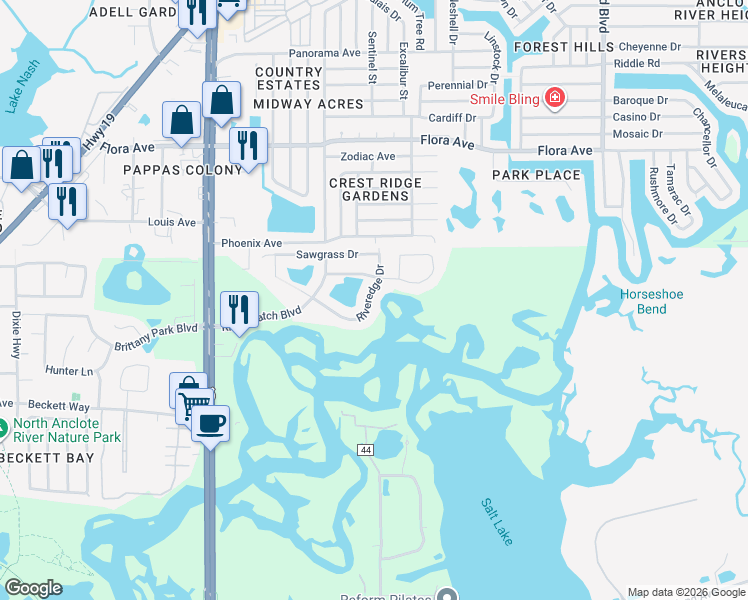 map of restaurants, bars, coffee shops, grocery stores, and more near 1868 Riveredge Drive in Tarpon Springs