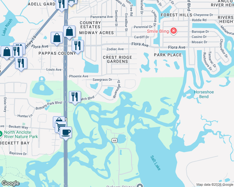 map of restaurants, bars, coffee shops, grocery stores, and more near 1857 Riveredge Drive in Tarpon Springs