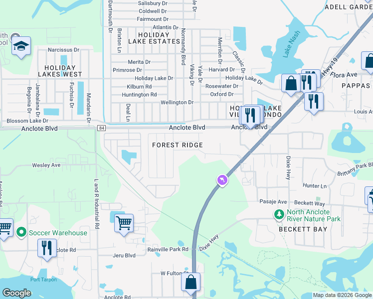 map of restaurants, bars, coffee shops, grocery stores, and more near 358 Wood Dove Avenue in Tarpon Springs