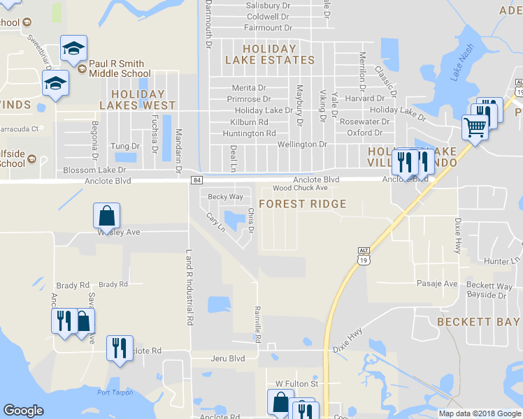 map of restaurants, bars, coffee shops, grocery stores, and more near 1888 Wood Brook Street in Tarpon Springs