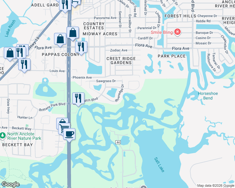 map of restaurants, bars, coffee shops, grocery stores, and more near 1856 Riveredge Drive in Tarpon Springs