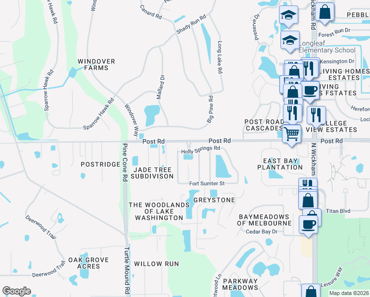 map of restaurants, bars, coffee shops, grocery stores, and more near 3570 Holly Springs Road in Melbourne