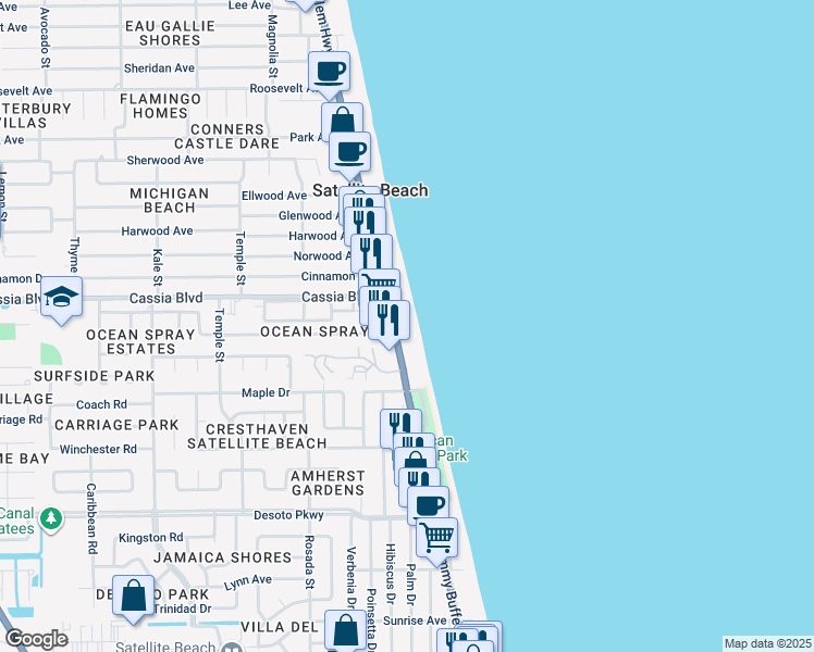 map of restaurants, bars, coffee shops, grocery stores, and more near 1433 Florida A1A in Satellite Beach
