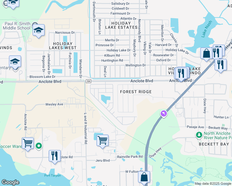 map of restaurants, bars, coffee shops, grocery stores, and more near 1901 Wood Brook Street in Tarpon Springs