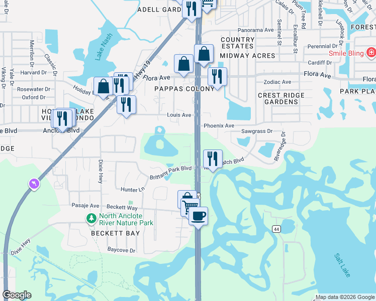 map of restaurants, bars, coffee shops, grocery stores, and more near 1844 Sommarie Way in Tarpon Springs