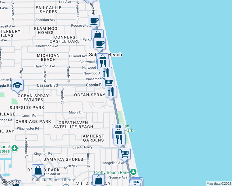 map of restaurants, bars, coffee shops, grocery stores, and more near 1425 Florida A1A in Satellite Beach