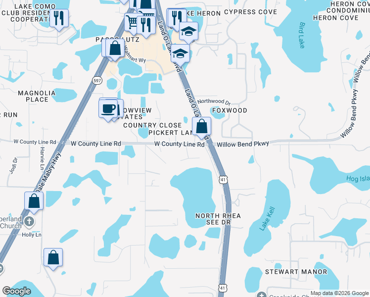 map of restaurants, bars, coffee shops, grocery stores, and more near 19910 Longleaf Drive in Lutz