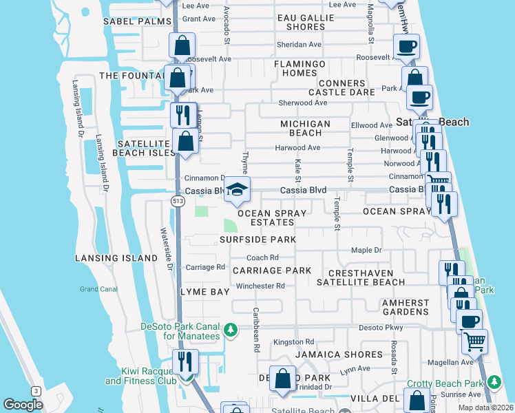 map of restaurants, bars, coffee shops, grocery stores, and more near 408 Laurel St in Satellite Beach