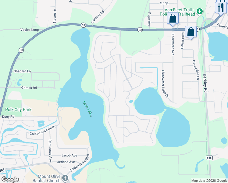 map of restaurants, bars, coffee shops, grocery stores, and more near 421 Travelers Drive in Polk City