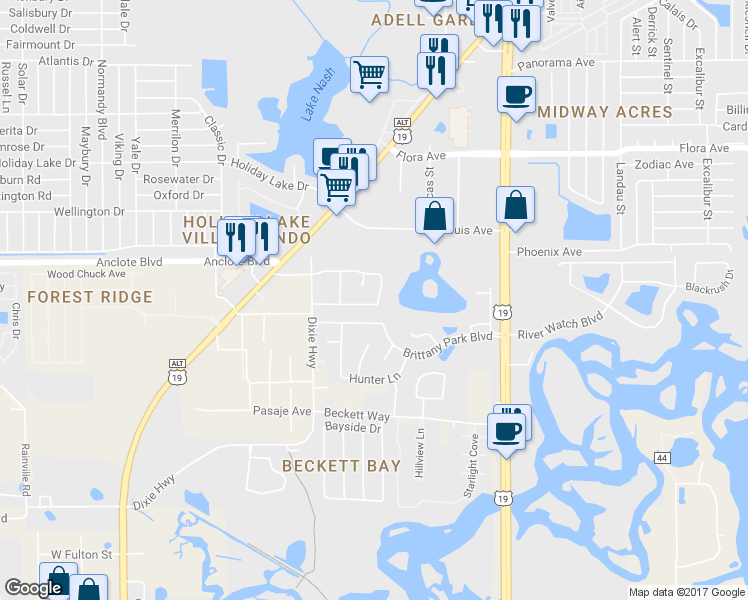 map of restaurants, bars, coffee shops, grocery stores, and more near 725 Sandy Hills Avenue in Tarpon Springs