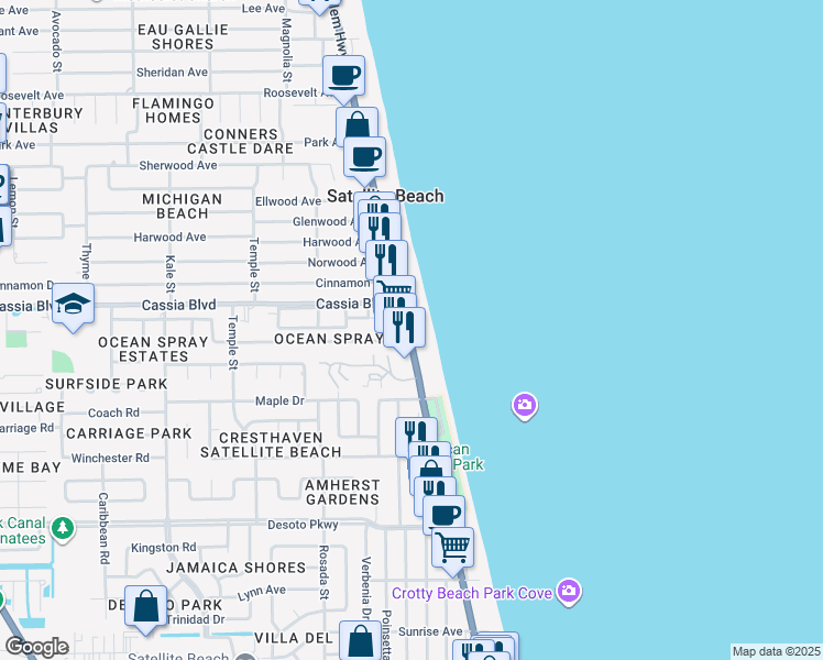 map of restaurants, bars, coffee shops, grocery stores, and more near 1425 Highway A1A in Satellite Beach