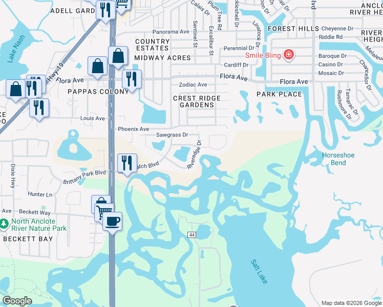 map of restaurants, bars, coffee shops, grocery stores, and more near 1868 Riveredge Drive in Tarpon Springs