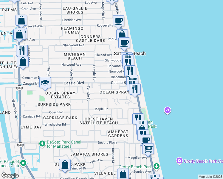 map of restaurants, bars, coffee shops, grocery stores, and more near 199 Queens Court in Satellite Beach