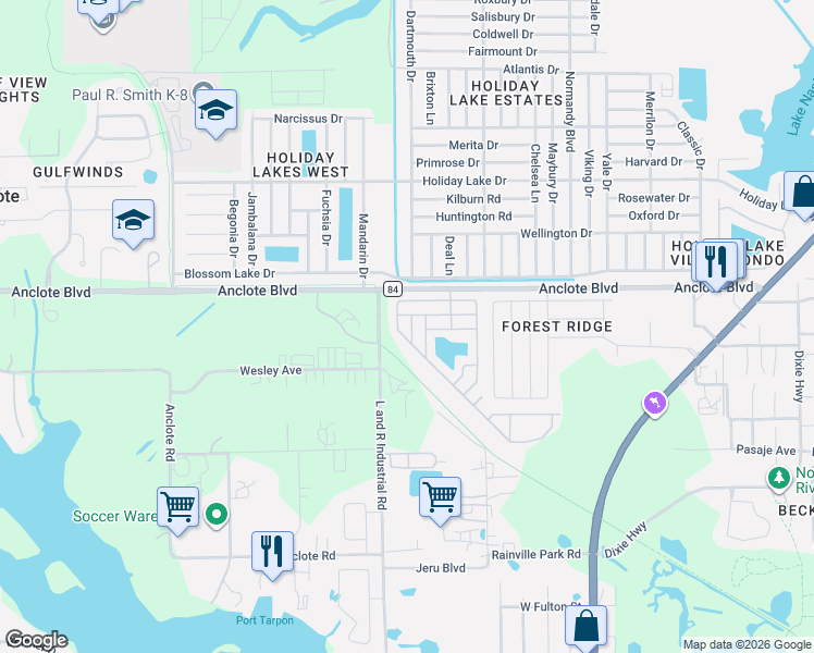 map of restaurants, bars, coffee shops, grocery stores, and more near 1964 Juanita Way in Tarpon Springs