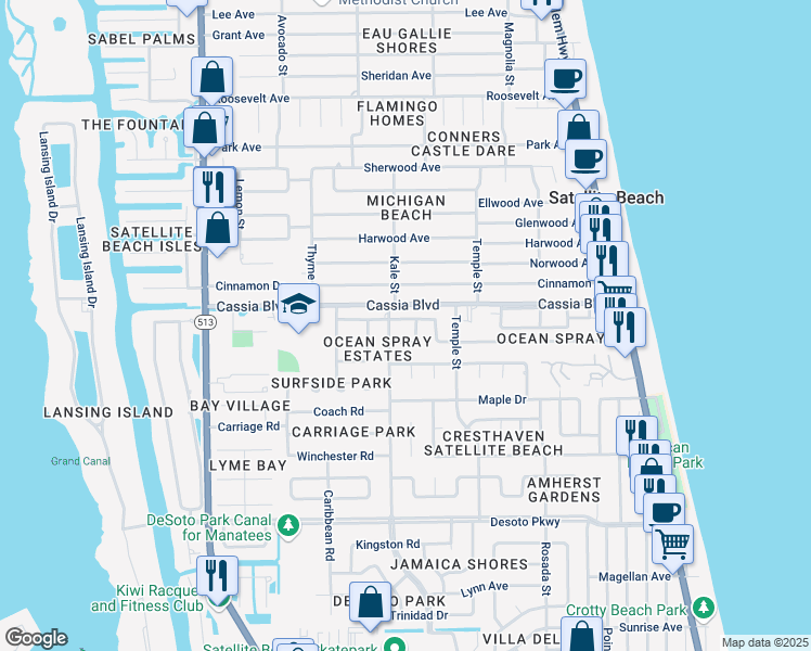 map of restaurants, bars, coffee shops, grocery stores, and more near 385 Ocean Spray Avenue in Satellite Beach