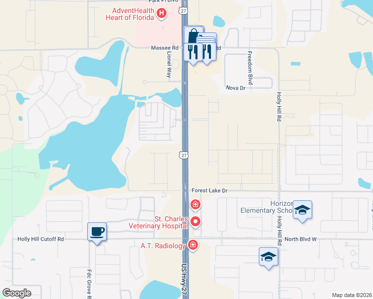 map of restaurants, bars, coffee shops, grocery stores, and more near 1224 Florida 25 in Davenport