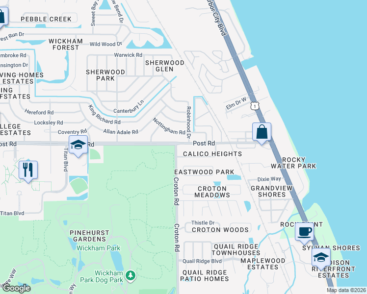 map of restaurants, bars, coffee shops, grocery stores, and more near 2009 Post Road in Melbourne