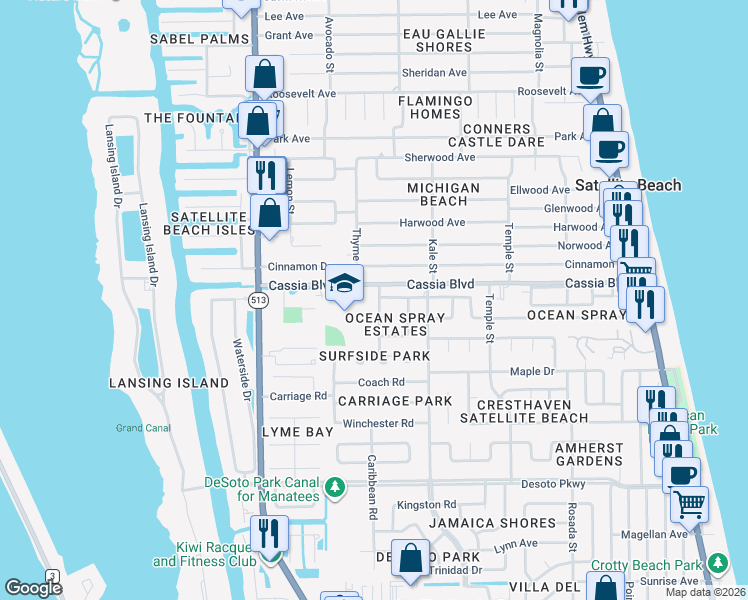 map of restaurants, bars, coffee shops, grocery stores, and more near 408 Laurel Street in Satellite Beach