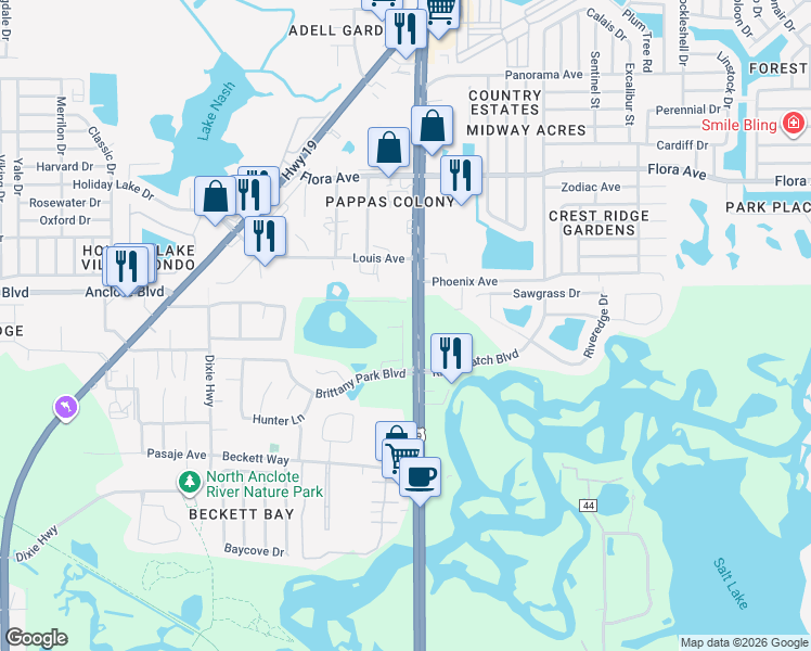 map of restaurants, bars, coffee shops, grocery stores, and more near 1852 Sommarie Way in Tarpon Springs
