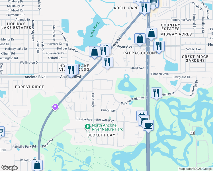 map of restaurants, bars, coffee shops, grocery stores, and more near 725 Sandy Hills Avenue in Tarpon Springs