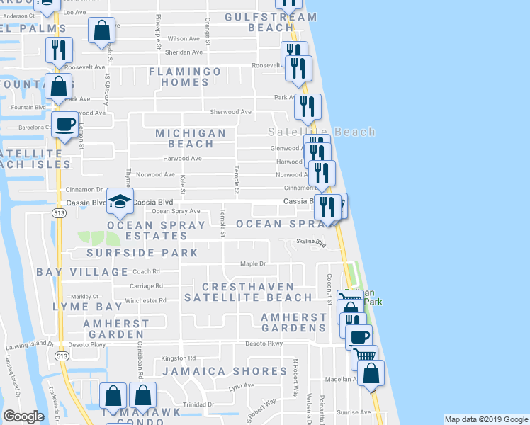 map of restaurants, bars, coffee shops, grocery stores, and more near 250 Queens Court in Satellite Beach