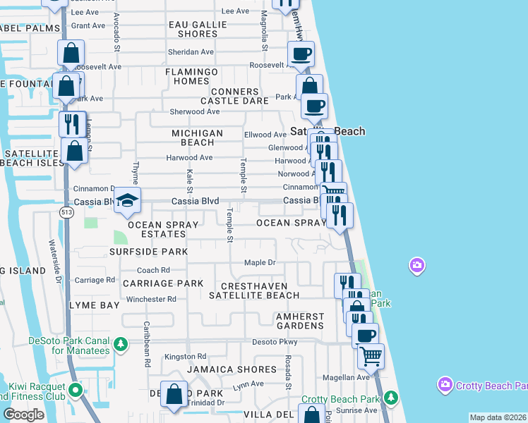 map of restaurants, bars, coffee shops, grocery stores, and more near 274 Queens Court in Satellite Beach