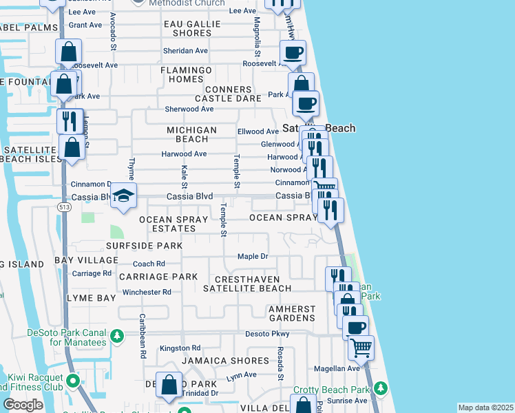 map of restaurants, bars, coffee shops, grocery stores, and more near 270 Queens Court in Satellite Beach