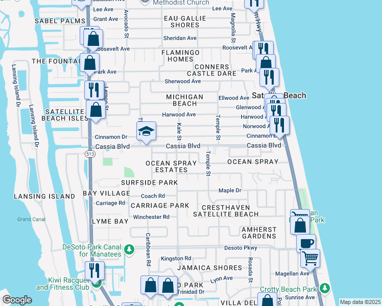 map of restaurants, bars, coffee shops, grocery stores, and more near 385 Ocean Spray Avenue in Satellite Beach
