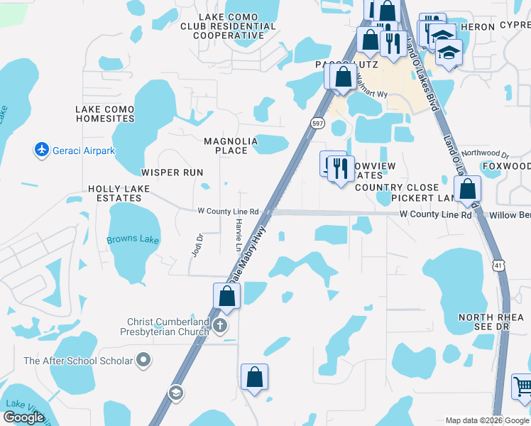 map of restaurants, bars, coffee shops, grocery stores, and more near N Dale Mabry Hwy & W County Line Rd in Lutz