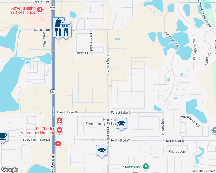 map of restaurants, bars, coffee shops, grocery stores, and more near 1110 Holly Hill Road in Davenport