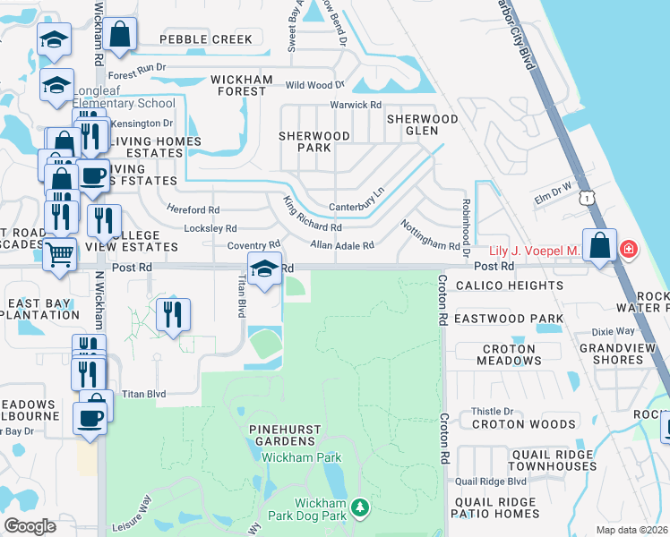 map of restaurants, bars, coffee shops, grocery stores, and more near 2345 Post Road in Melbourne