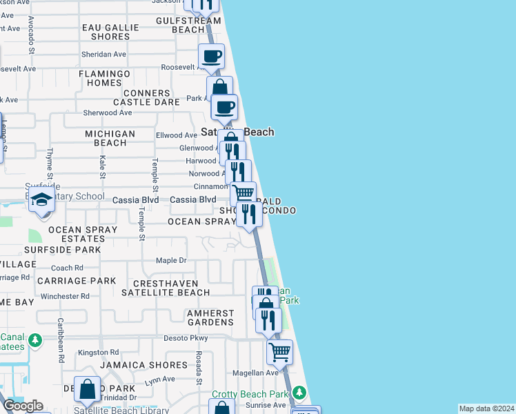 map of restaurants, bars, coffee shops, grocery stores, and more near 1425 Florida A1A in Satellite Beach