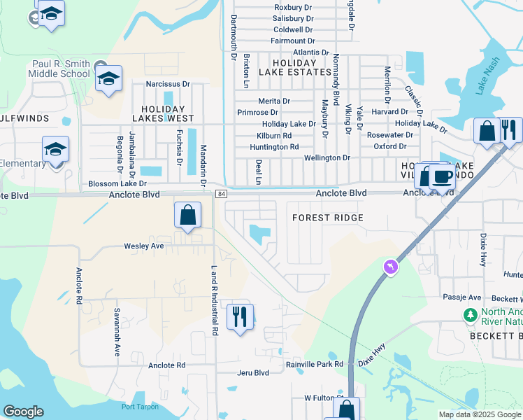 map of restaurants, bars, coffee shops, grocery stores, and more near 501 Bernice Boulevard in Tarpon Springs