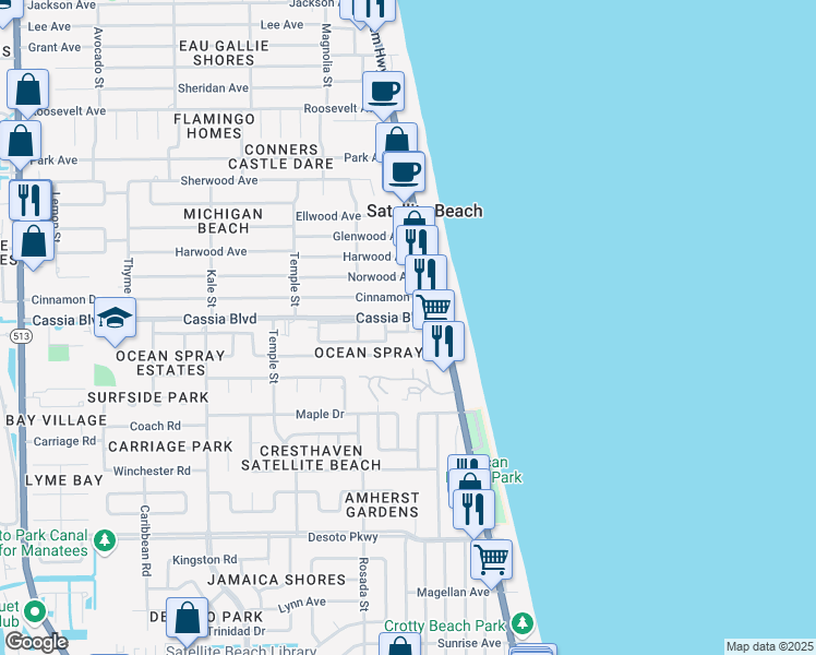 map of restaurants, bars, coffee shops, grocery stores, and more near 189 Kingsway in Satellite Beach