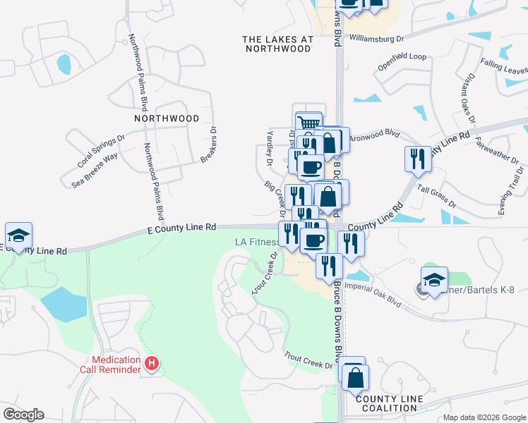 map of restaurants, bars, coffee shops, grocery stores, and more near 27711 Mulholland Court in Wesley Chapel