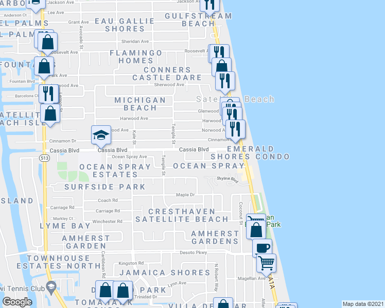 map of restaurants, bars, coffee shops, grocery stores, and more near 265 Kings Way in Satellite Beach