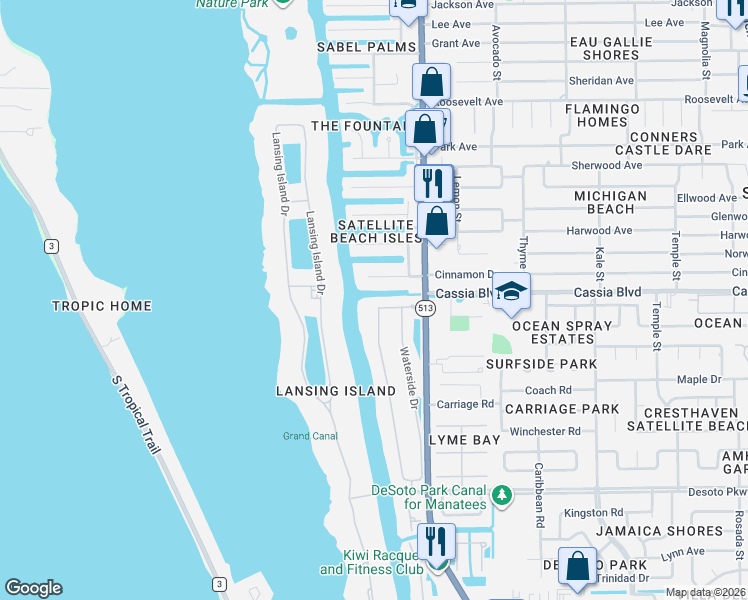 map of restaurants, bars, coffee shops, grocery stores, and more near 150 Island View Drive in Satellite Beach
