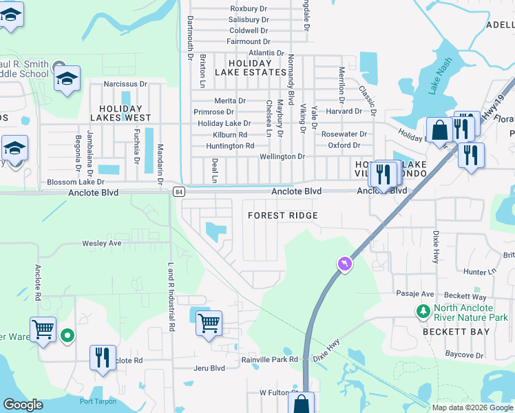 map of restaurants, bars, coffee shops, grocery stores, and more near 1909 Wood Trail Street in Tarpon Springs