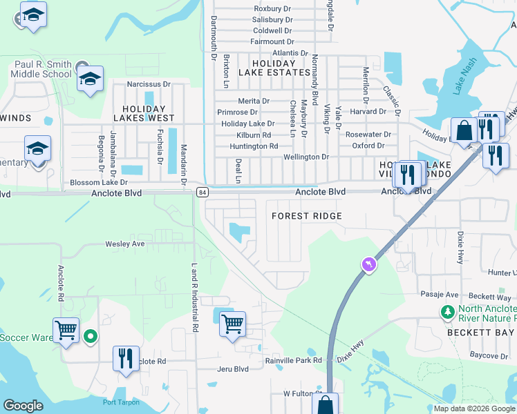 map of restaurants, bars, coffee shops, grocery stores, and more near 1901 Wood Brook Street in Tarpon Springs