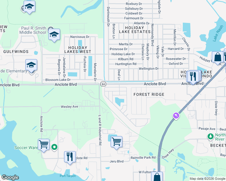 map of restaurants, bars, coffee shops, grocery stores, and more near 1964 Juanita Way in Tarpon Springs
