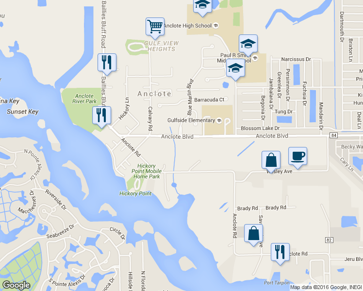map of restaurants, bars, coffee shops, grocery stores, and more near 1001 Anclote Boulevard in Tarpon Springs