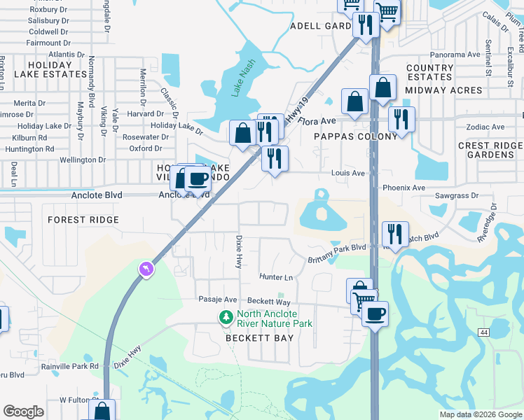 map of restaurants, bars, coffee shops, grocery stores, and more near 1817 Sea Oats Street in Tarpon Springs