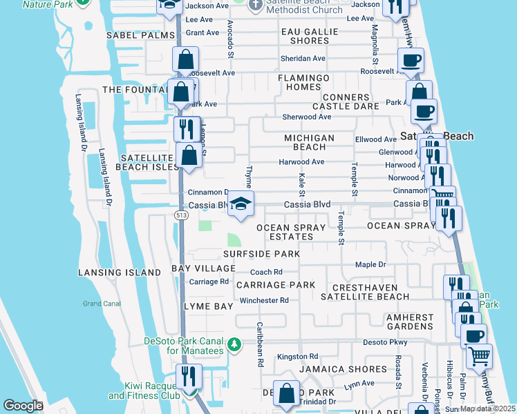 map of restaurants, bars, coffee shops, grocery stores, and more near 475 Cassia Boulevard in Satellite Beach