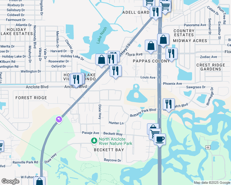 map of restaurants, bars, coffee shops, grocery stores, and more near 725 Sandy Hills Avenue in Tarpon Springs