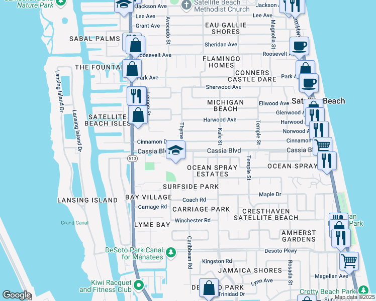 map of restaurants, bars, coffee shops, grocery stores, and more near 475 Cassia Boulevard in Satellite Beach