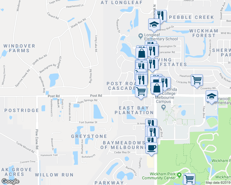 map of restaurants, bars, coffee shops, grocery stores, and more near 4237 Montreaux Avenue in Melbourne